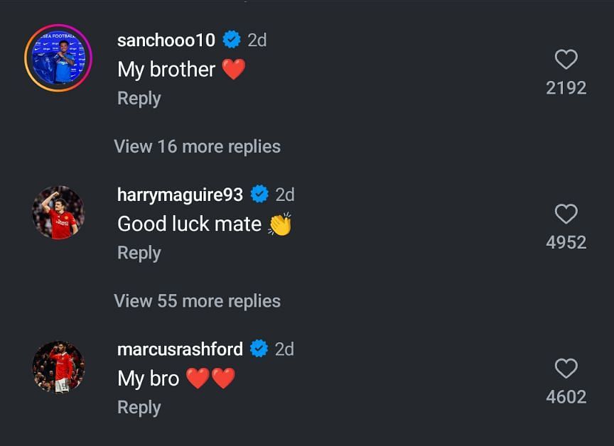 Jadon Sancho's and Marcus Rashford's comments on Anthony Martial's post (Credits): Anthony Martial IG